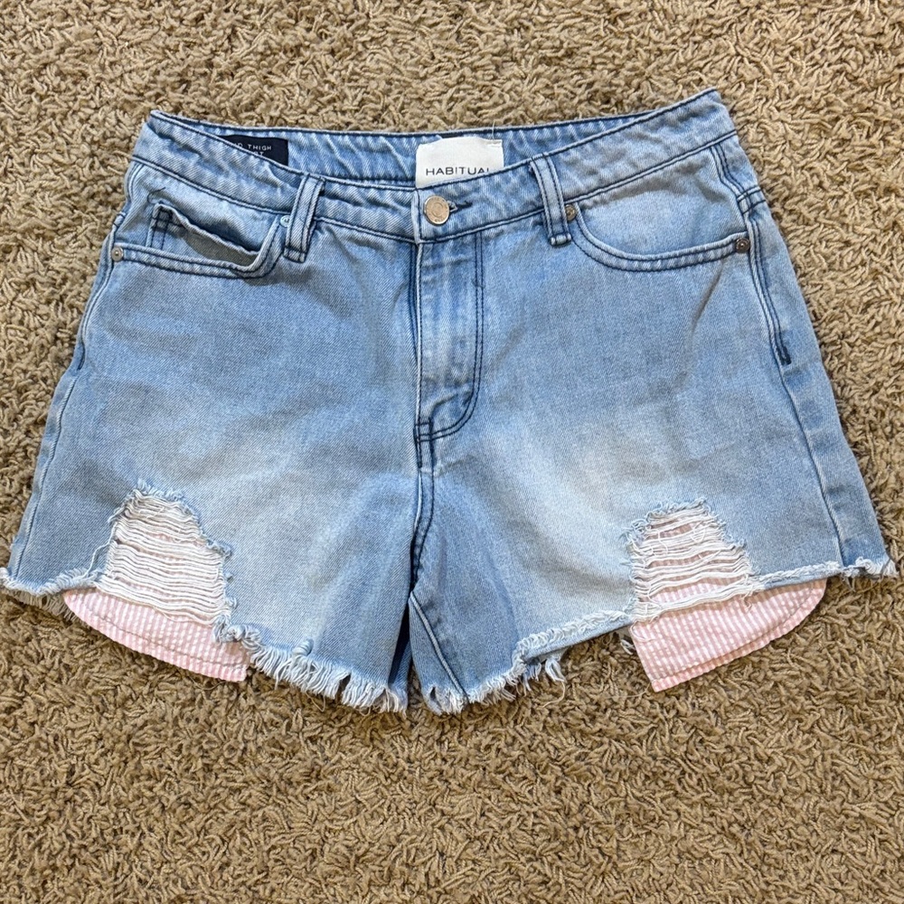 Habitual Light Blue Distressed Jean Shorts w/ pink & white seersucker pockets.